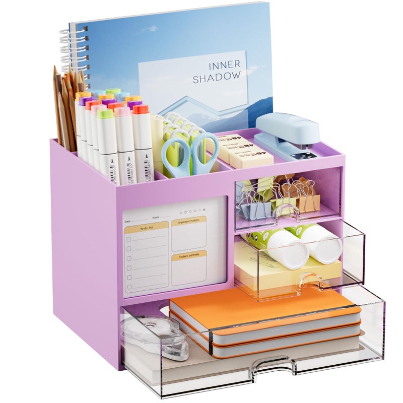 Marbrasse Desk Organizer with 3 Drawer, Multi-Functional Pencil Pen Holder, Desk Organizers and Accessories with 4 Compartments,Desktop Organizer Storage for Office Home Art Supplies (Purple) - Image 1